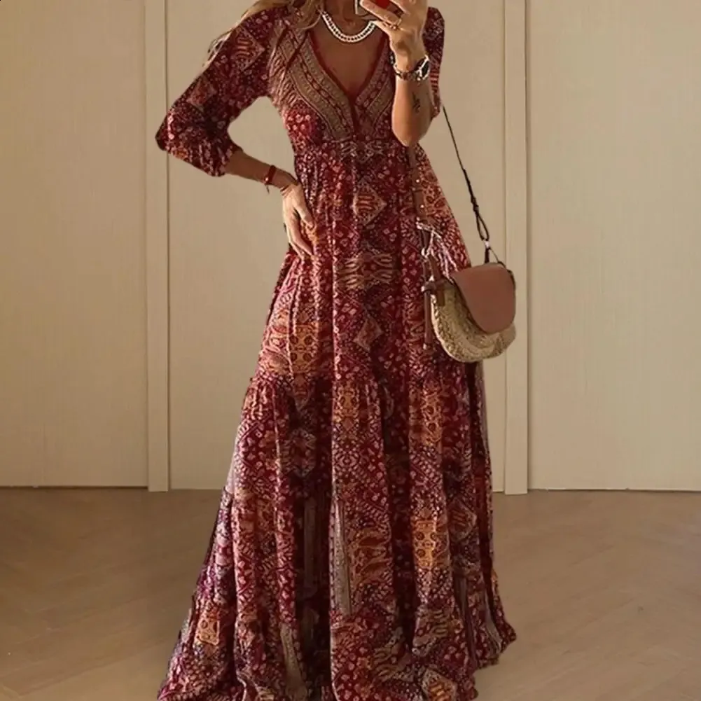Boho Print Dahlia Embroidered Maxi Dress for Women - Stretch High Waisted Vintage Style with Deep V-Neck and Prints - 250121