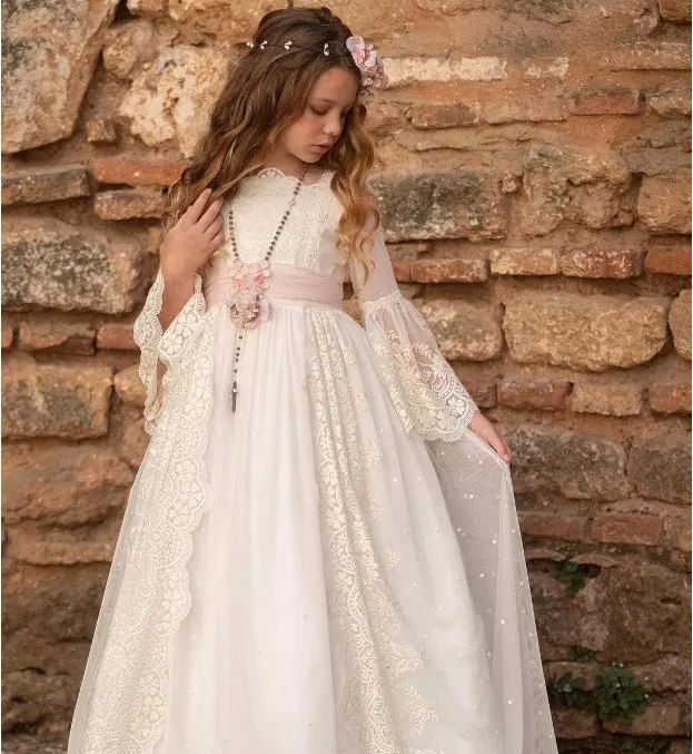 chinese dress ladies Floral Appliques Long Sleeves Girl First Communion Dress Celestial 3415 Pre-order7-8 Years / Ivory main image 1