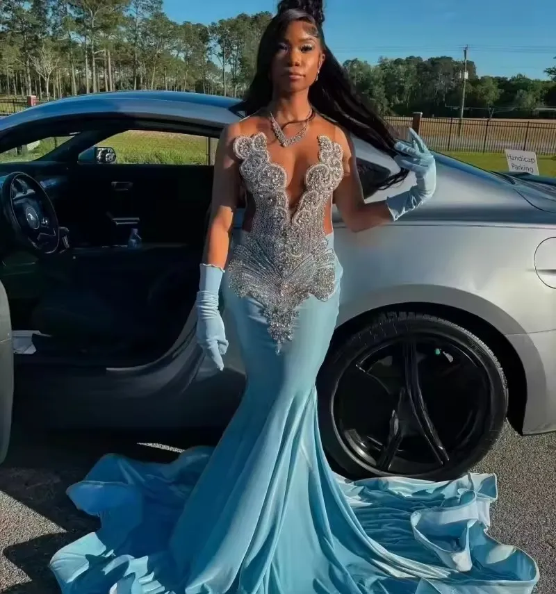 2026 Black Girls' Blue Mermaid Mermaid prom dresses 2023 with Crystal Rhinestone Embellishments, Plunging Neckline, and Gloves - Elegant Long Evening 2026 Black Girls' Blue Mermaid Mermaid prom dresses 2023 with Crystal Rhinestone Embellishments, Plunging Neckline, and Gloves - Elegant Long Evening