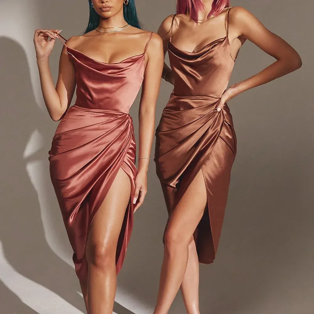 Satin Spaghetti Strap Summer Dress Ruched Cowl Neck... From Landong01,  $12.12 In Bulk | DHgate.Com