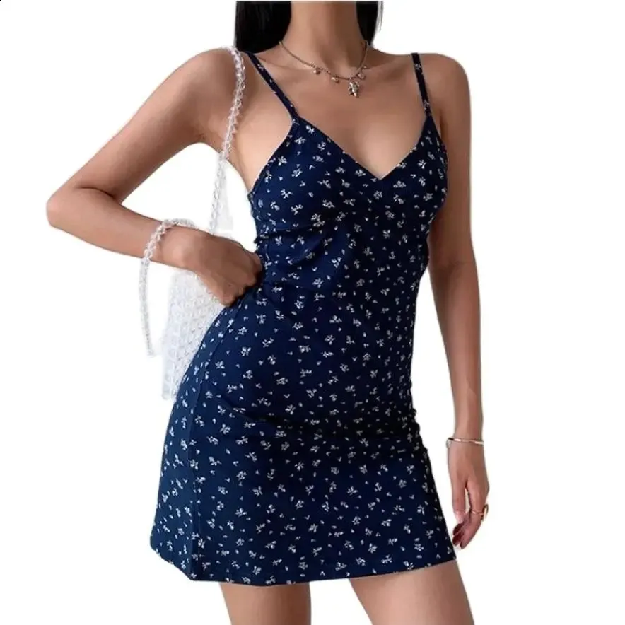 Vintage Floral Cross Cami Dress for Women - Slim Fit, V-Neck, Backless, Patterned, Lightweight Material