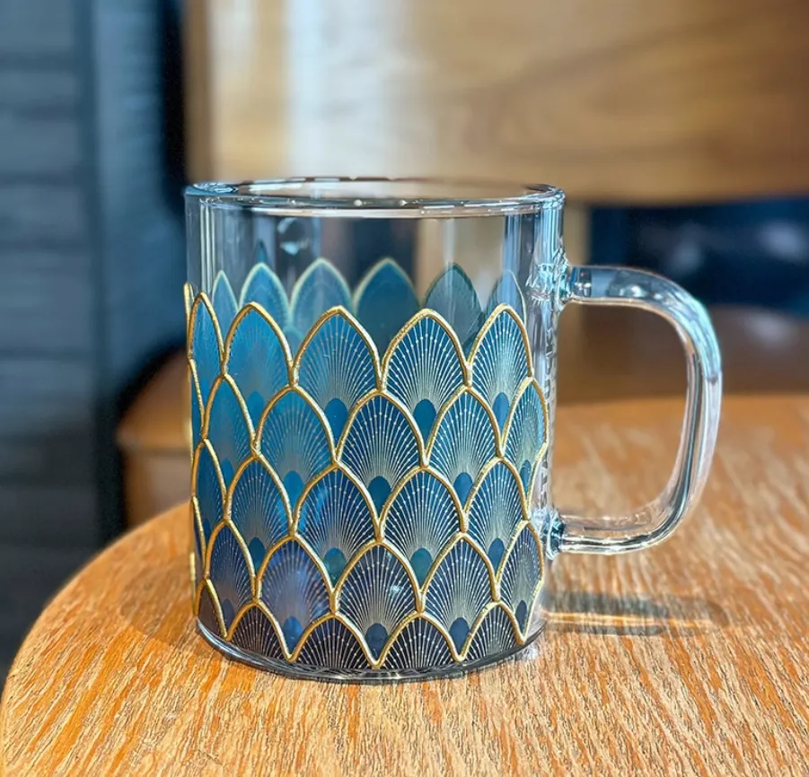 Starbucks 12oz Luxury Blue Gold Glass Cup with Fish Scale Design