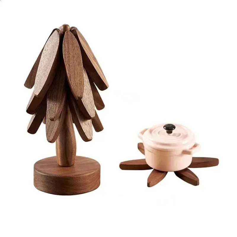 Set Of 4 Foldable Wooden Tree Coaster Trivets With Stand - Natural Beechwood Heat Resistant Pads For Hot Pots, Plates, Mugs 10 thumbnail image