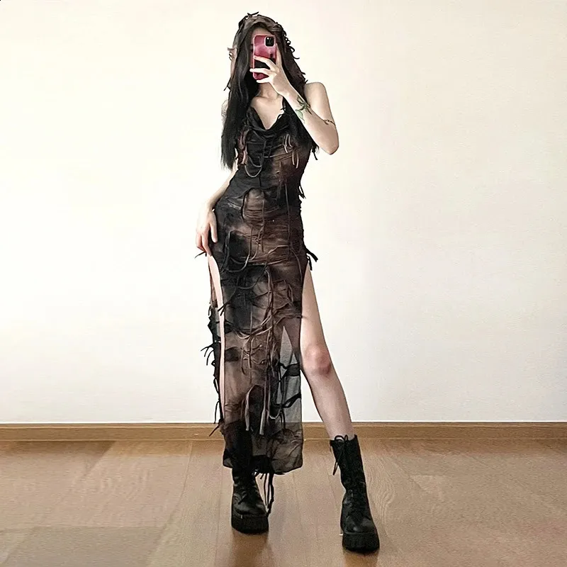 Lamuusaa Gothic Tie Dye Grunge dress - Sleeveless with Side Split and Hooded for Women's Halloween Party (Style y2k)