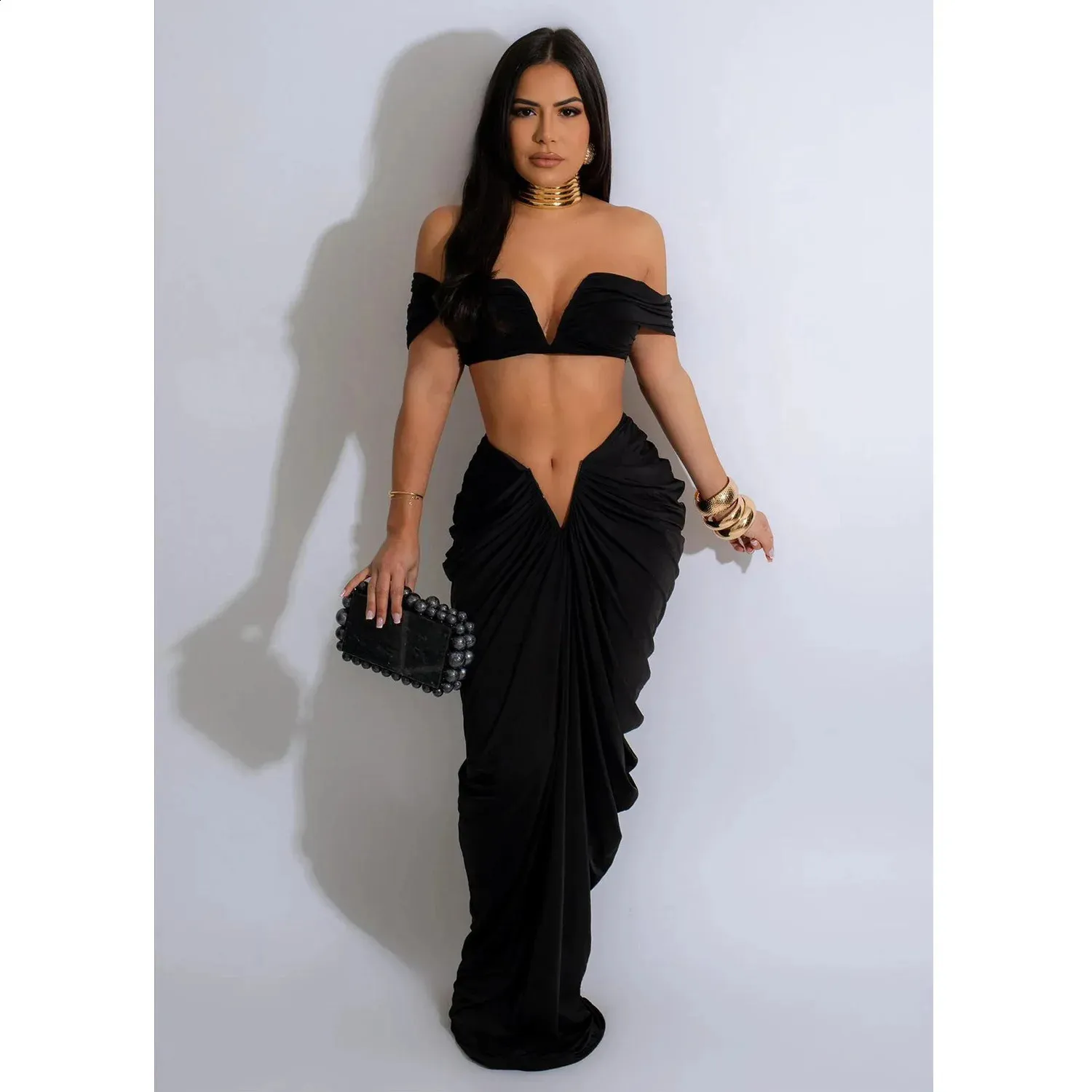 Summer Pleated Maxi Dress Set for Women - Strapless Top and Slim-Fit Solid Color Two-Piece First Date Outfit Ideas (250118)