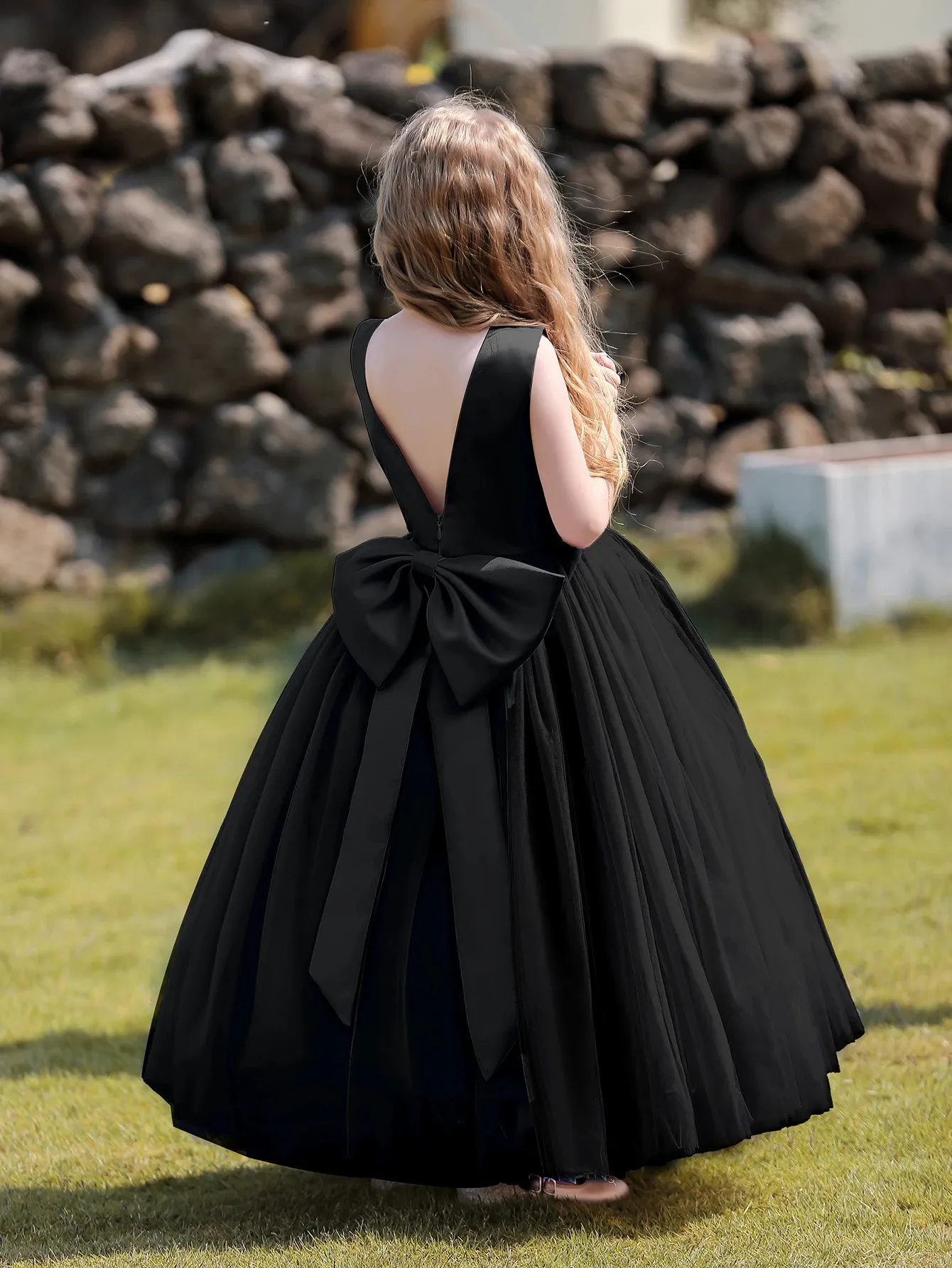 Black satin floral girl dress sleeveless formal birthday party chiffon long  dress with big bow from Dhgate Girl's Dresses - price 45.63