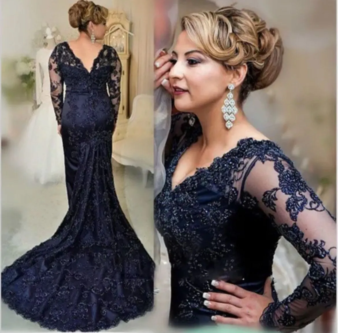 Navy Blue Lace Mermaid Evening Gowns JTE300 main image 1