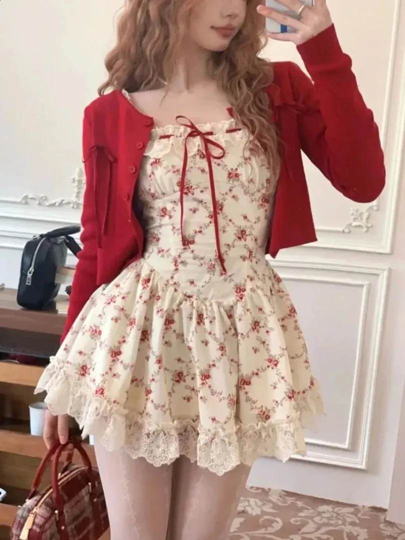 Sweet Cottagecore Red Knitted Cardigancute Mini Dress Set Back with Floral Print for Women - Casual and Elegant (250110)