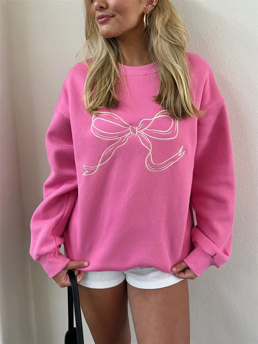 Cute Pink Bow Prints Hoodie For Women Fall Casual Loose Round Neck