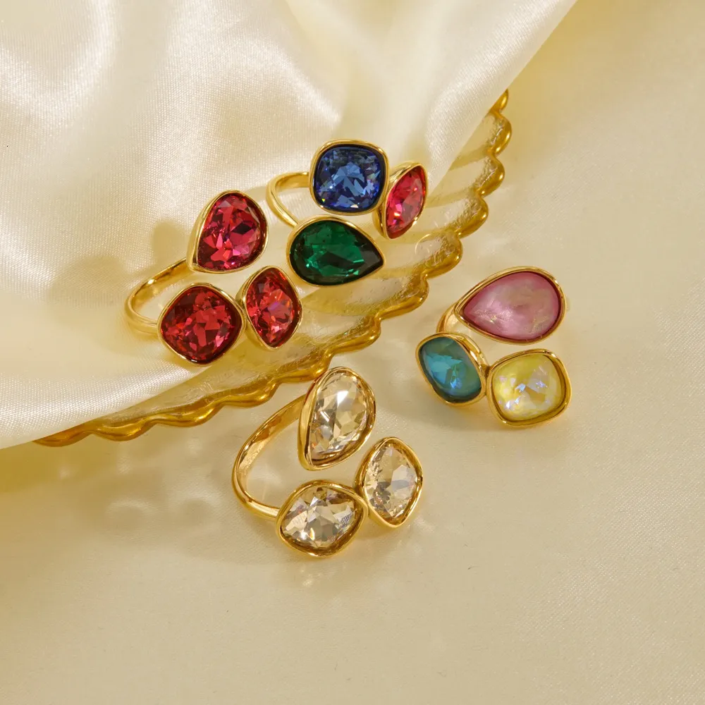 Multi Color Crystal Ring Adjustable Gold Plated Stainless Steel_voghion.com