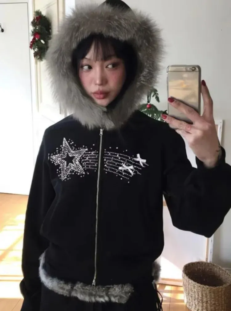 Y2K Harajuku Fur Patchwork Hooded Jacket, Vintage Style | DHgate