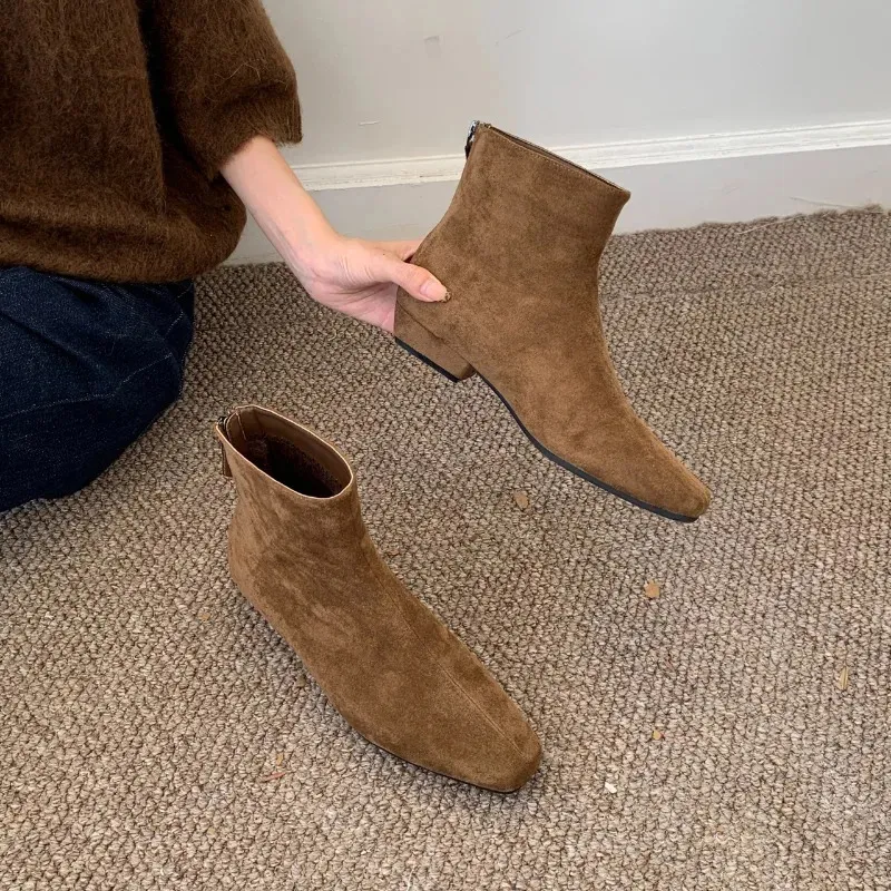 Bottines à talon carré de haute qualité, fermeture éclair arrière, pour femme, élégantes et confortables, parfaites pour le bureau et le travail (Zapatos 250122)_voghion.com