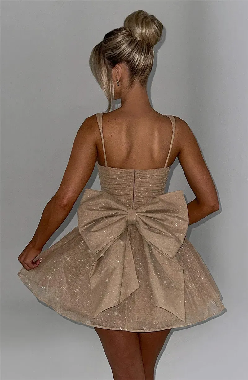 Mozision Bow Backless Sexy Mini Dress For Women Robe Spaghetti Strap Sleeveless Backless High Waist A-line Club Dress Vestido 250113