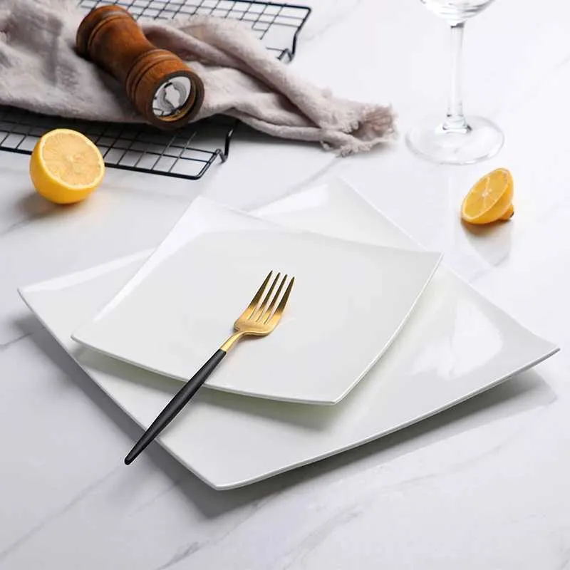 Simple Western Plate Layout European Ceramic Nordic Ware Steak Plates Pure White Square Bone Design ...