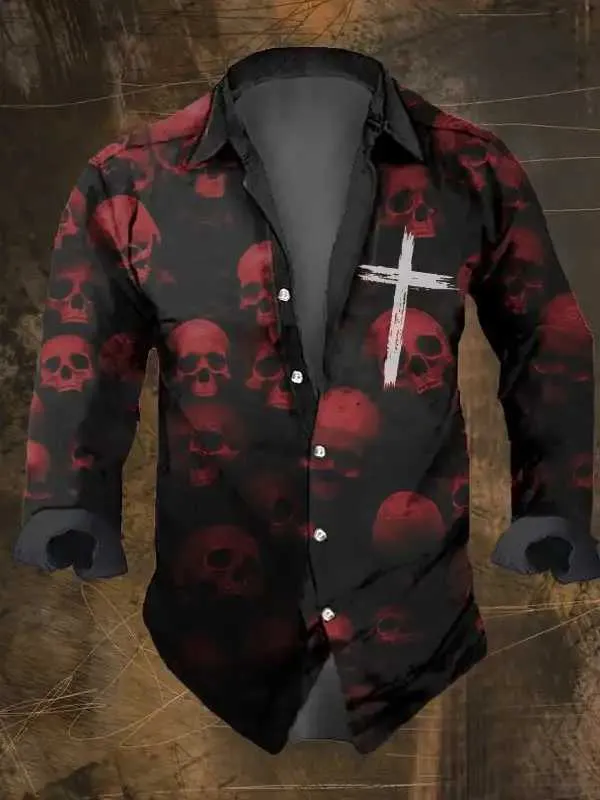 Skull Print Long Sleeve Shirt, Retro Style | DHgate