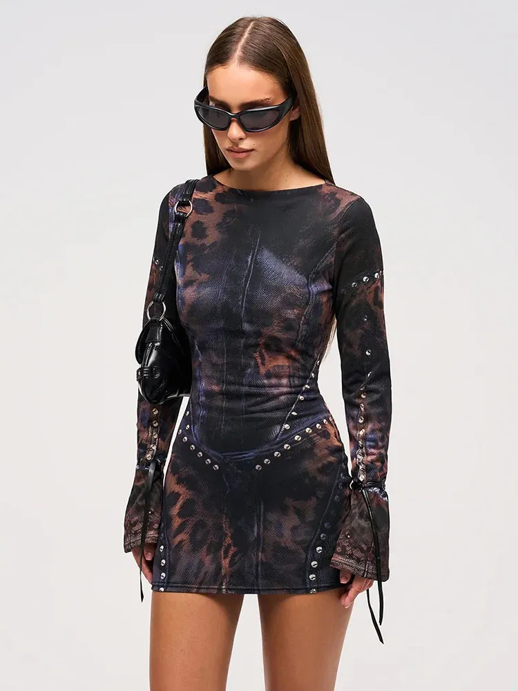 Leopard Print Shirt Long Sleeve Bodycon Dress: Womens Mini Dress