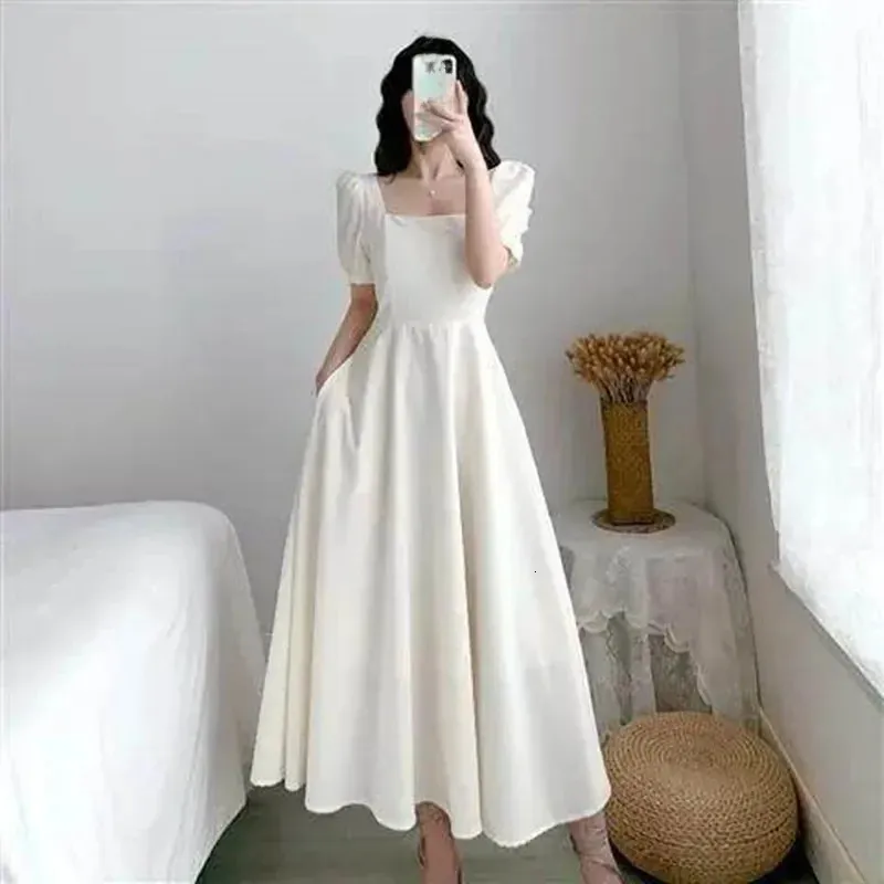 Korean Style Ultra Thin White White Dress with Sleeves with Bubble Sleeves - Lightweight and Slim Fit for Women's Summer Casual Wear (250110)