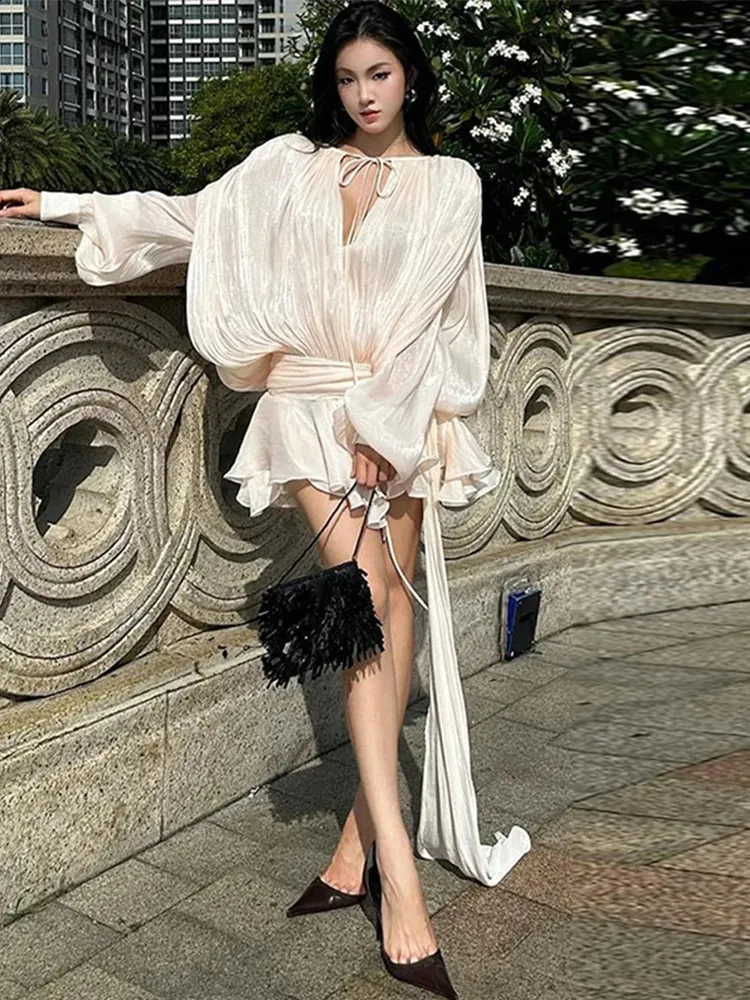 Elegant Flounce Dress Women - Loose V-Neck Lace-Up Hollow Out Lantern  Sleeves Beach Dress for Spring 2025