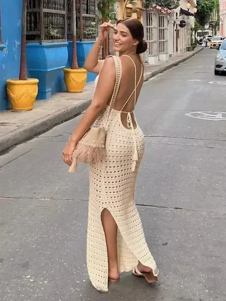 Sexy Knit Cut Out Tassel Spaghetti Strap Bodycon Beach Maxi Dress Summer  Womens Holiday Club Party Outfit Swimsuit Cover Up K10 250121