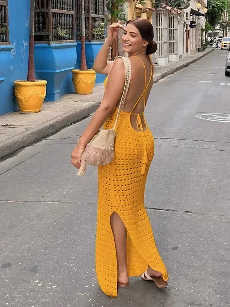 tassel knit beach dress Aria Cove crochet knit sleeveless tassel hem mini beach dress in orange