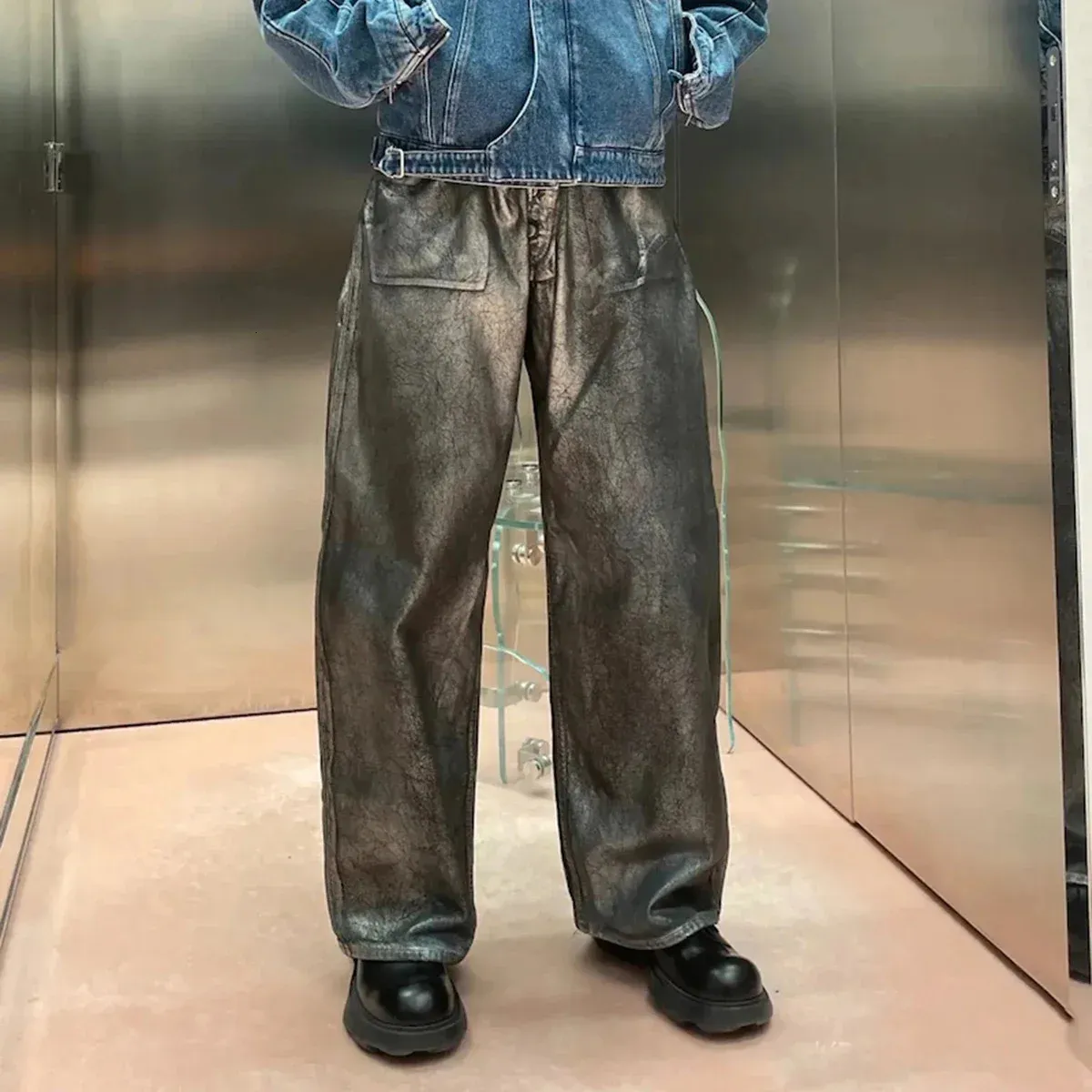 Vintage Distressed Wax Coated Washed Baggy Jeans For... From Jin02 