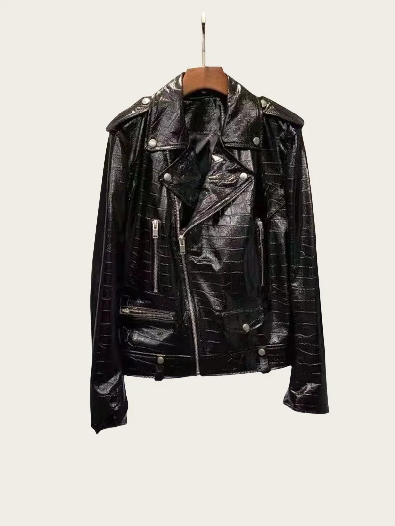 Crocodile Grain Black Genuine Leather Jacket: Lapel Neck, YKK