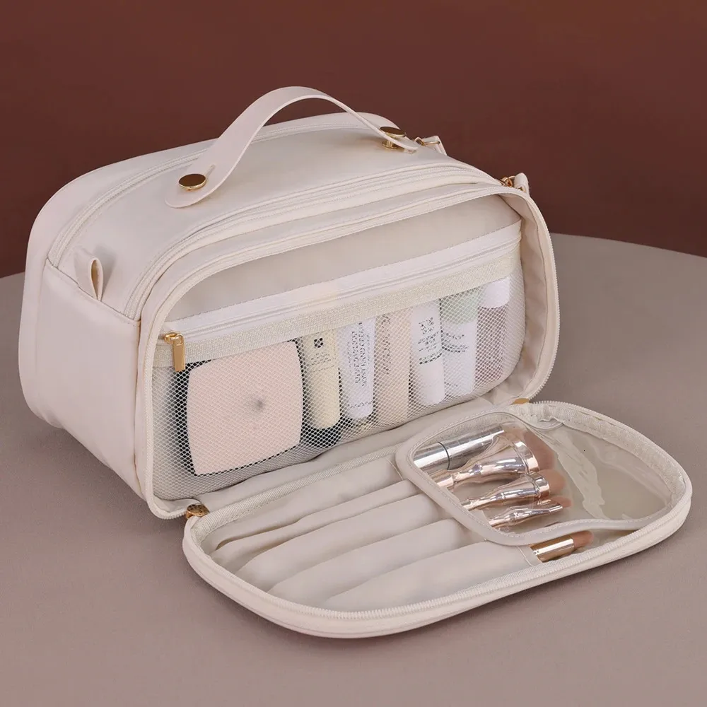 Pink Waterproof PU Leather Multifunctional Makeup Bag Double-Layer Large Capacity Portable Travel Cosmetic Bag Toiletries Storag 250731