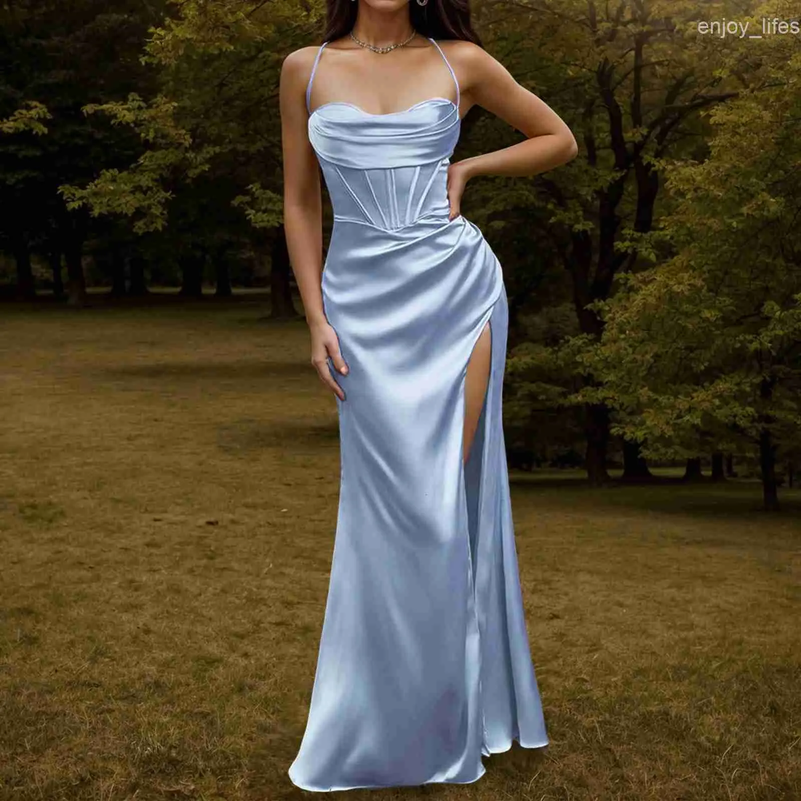 Elegant Italian Satin Corset High Slit Gown with Shoulder Strap and Fishbone Design for Women's Evening Parties
