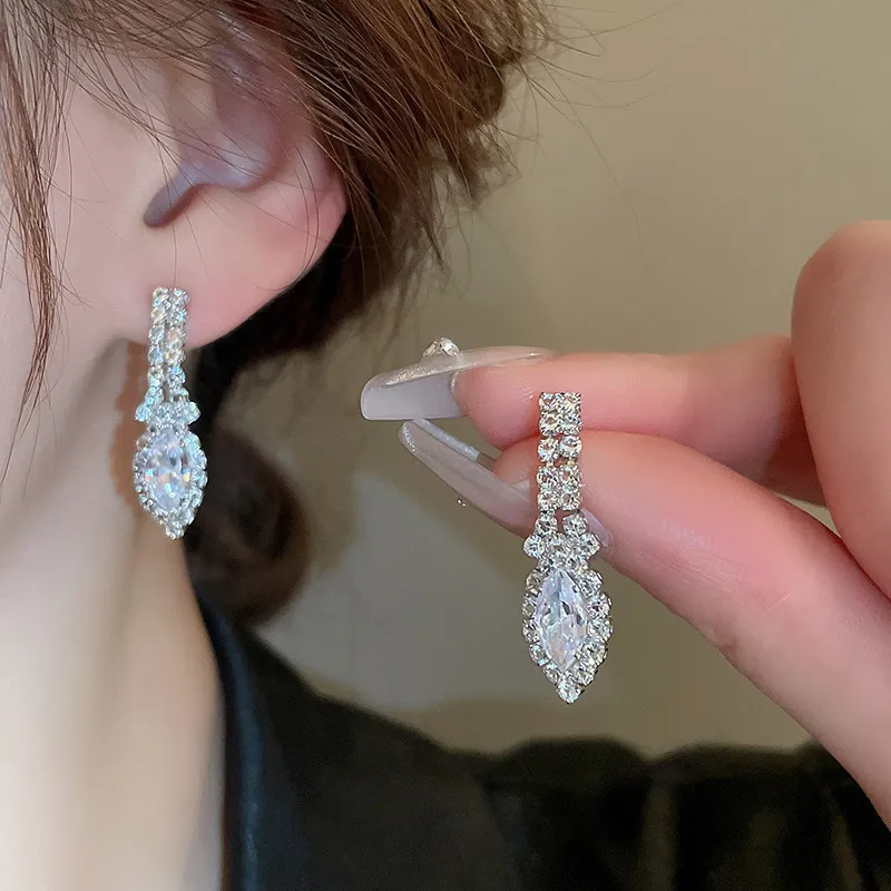 Water Droplets Ushaped Necklace Drop Earrings Two Piece Set Fashion Necklaces Inlaid Rhinestone Jewelry Sets Wedding_voghion.com