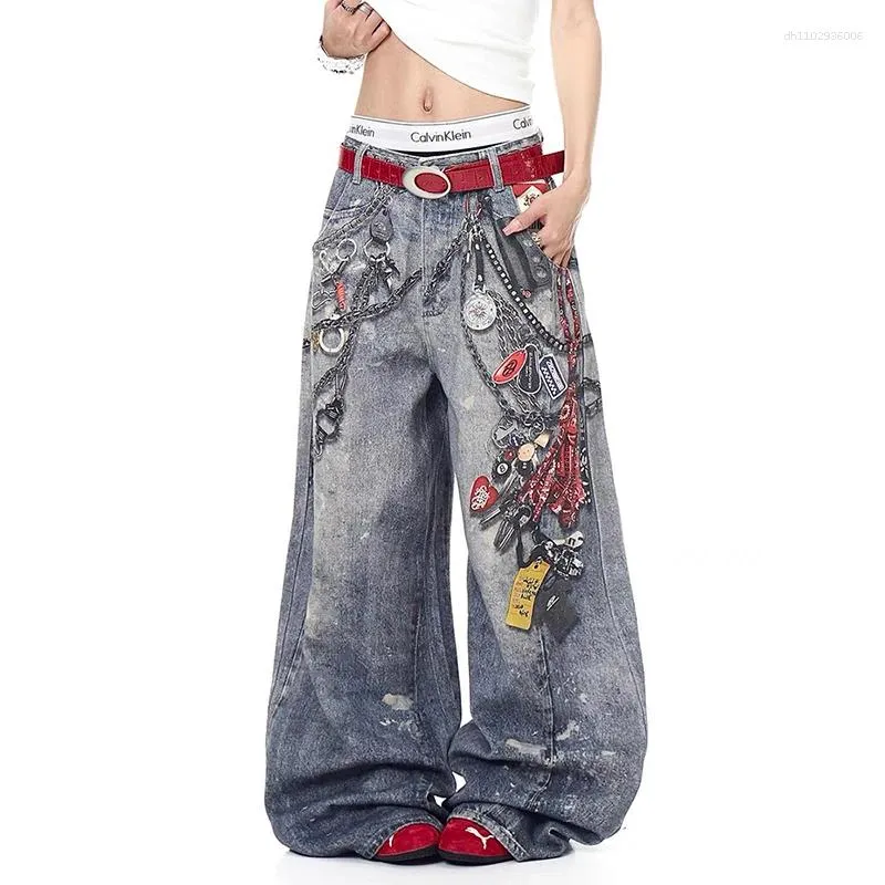 Men's Jeans Autumn Korean Trendy Harajuku Streetwear Y2K Candy Chain 3D Printed Baggy Hip-hop Retro Punk Straight Wide-leg Pants