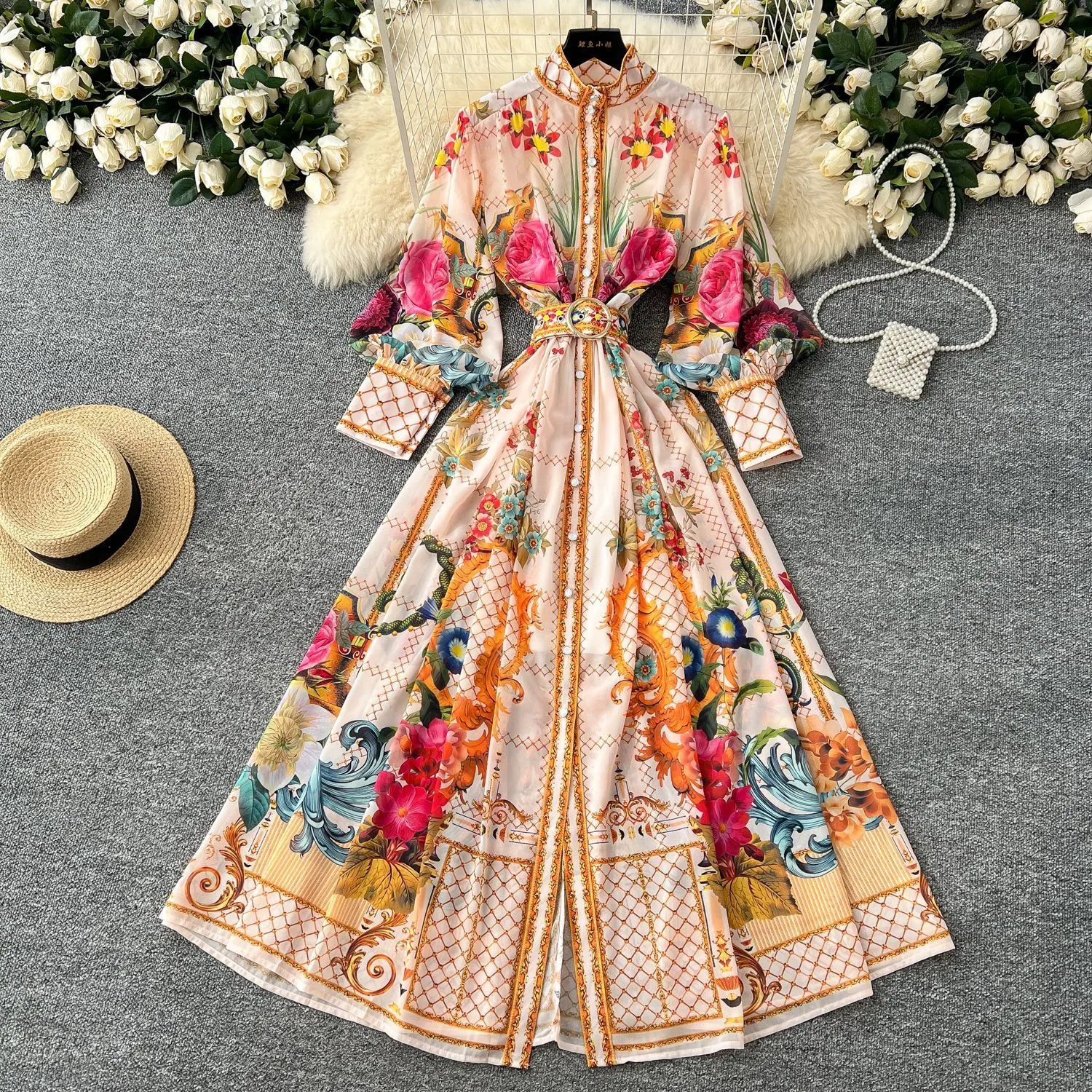 floral chiffon fabric dress Floral chiffon dress with ruffles and long sleeves
