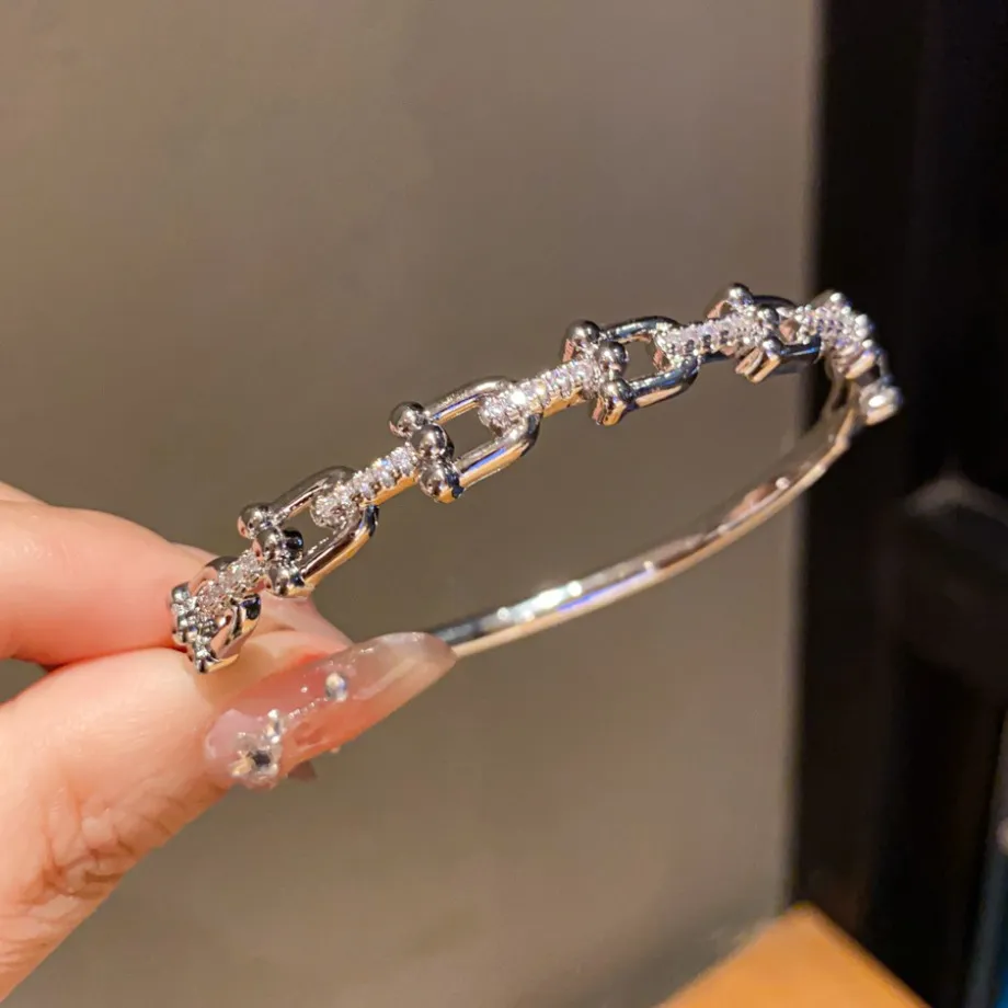 Gold Tone Linked Chain Bangle Bracelet With Pave Crystal Accents_voghion.com