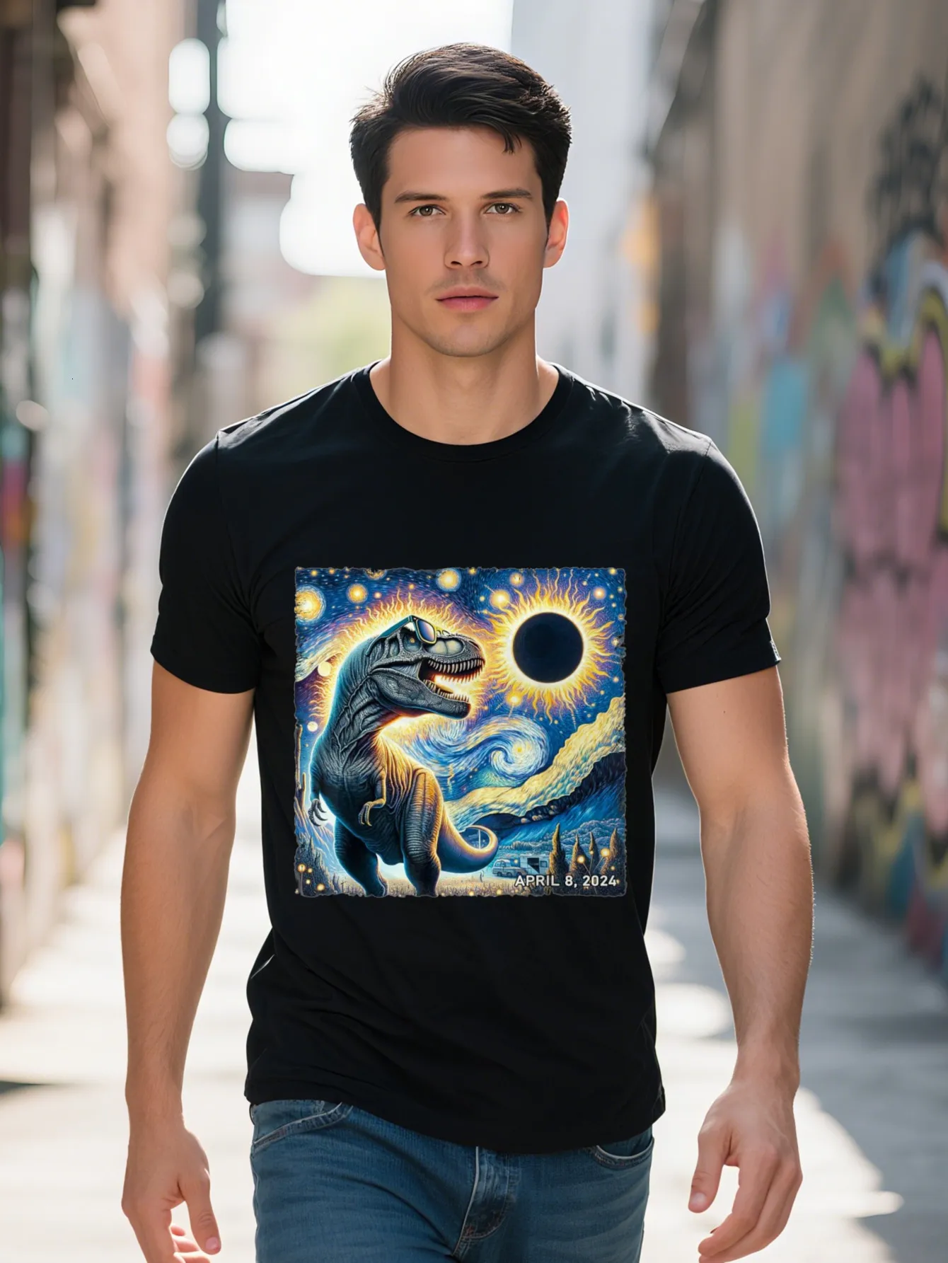 T Shirt Maschile Eclisse Solare Stellare Notturno T Rex Stampa