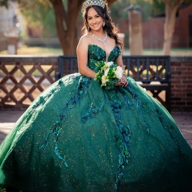 Shiny Off-Shoulder Blackish Green Quinceanera Ball Gown Green Wedding Dress with Applique, Flower Beading, and Tull - Perfect for Birthday, Sweet 16,