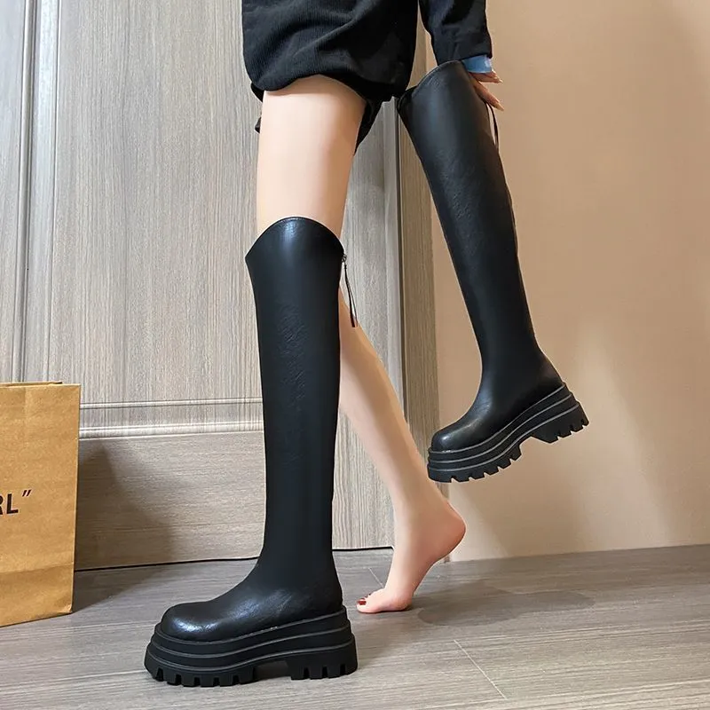 Platform Thick Sole Knee High Boots: Womens Winter Elastic