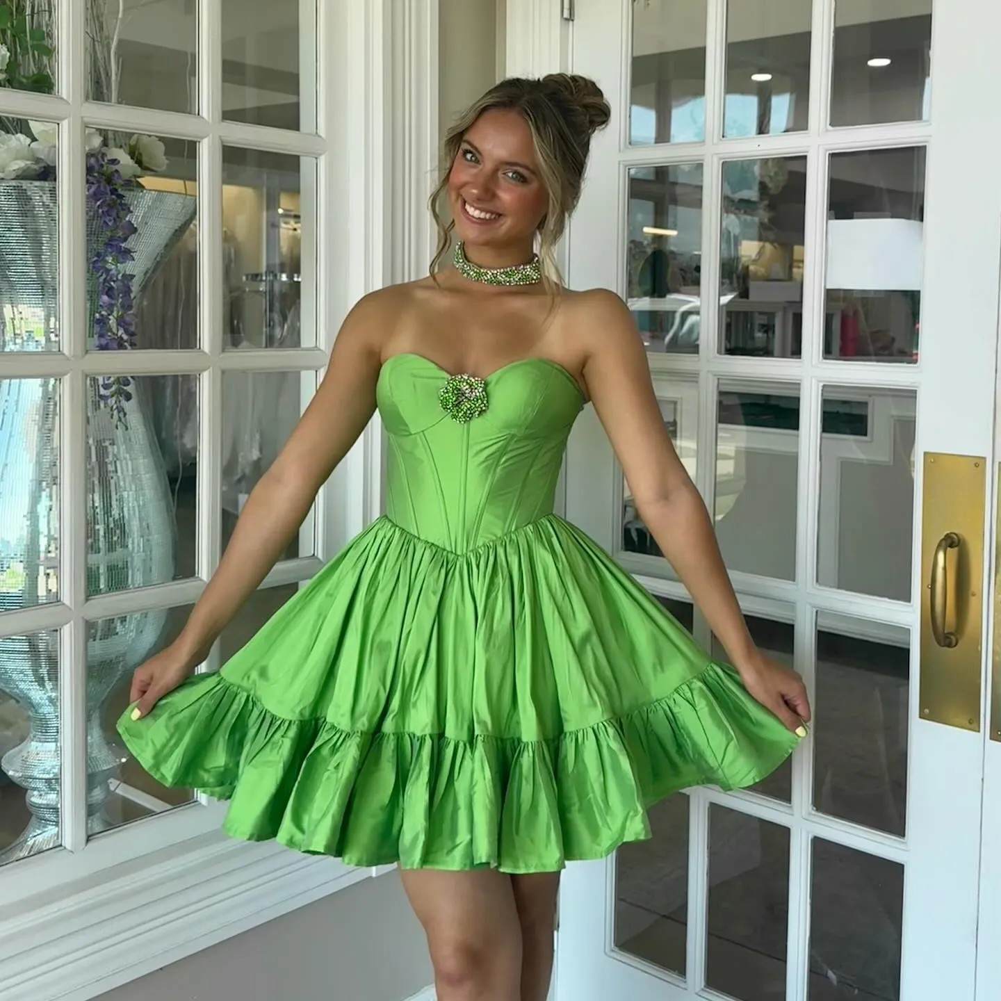 green dress with white flowers Wedtrend Women Bridesmaid A-Line Spaghetti Straps Printed Long Wedding Party Dress Slit, Green / US22W no-memorial-sale 0-3 months:6 months Complete the look with Embellished Halter Sequin Deep