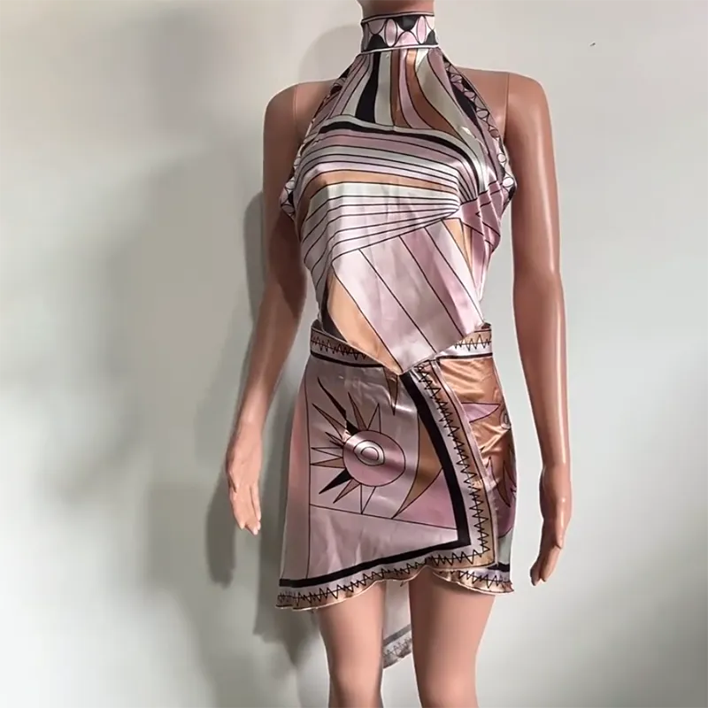 Luxury Color Blocked Halter Vest Skirt Outfit Women Designer Sexy Halter Backless Vest Dress Summer Beach Vacation Resort Wear Birthday Dinner Dresses