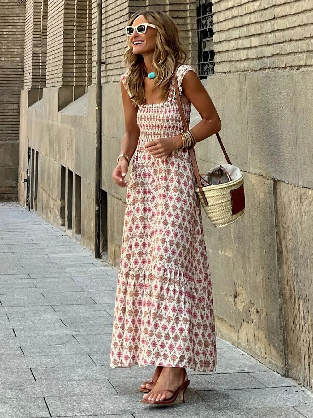 knee length dresses for ladies Tie dye V Neck Maxi Dress Fuchsia - Casual Loose fit Resort Dress -  Bohemian Beach Maxi Dress Tie Dye