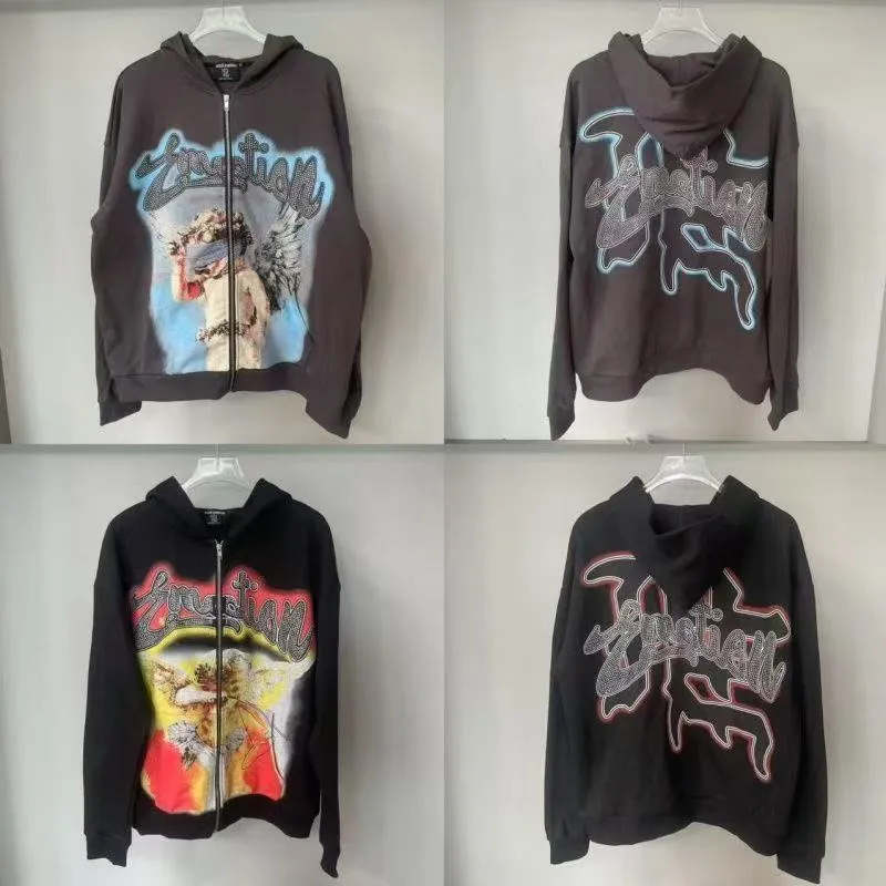 Men's Zip Up Rhinestone Hoodie Y2K Style Polyester Long Sleeve O