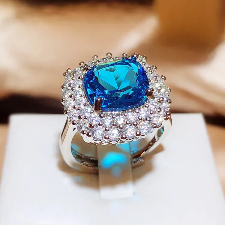 Silver Tone Square Blue Gem Ring With Round Sparkling Stone Halo Accents Glam Evening Special Occasion Accessory Gift_voghion.com