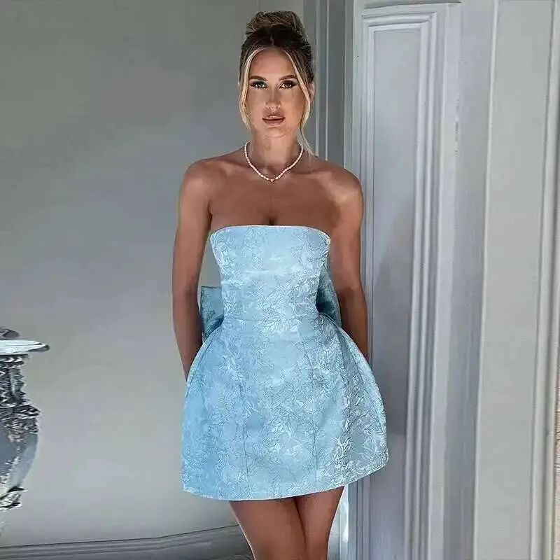 Light Blue Jacquard Strapless Mini A Line Dress With... From Join3, $33.51