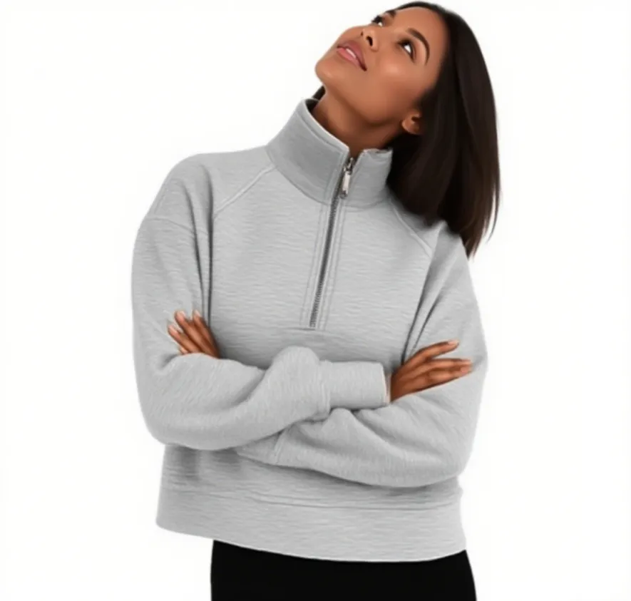 Sweat Femme Col Revers – Demi-zipper, Grandes Poches, Coupe Tendance, Confortable, Quotidien