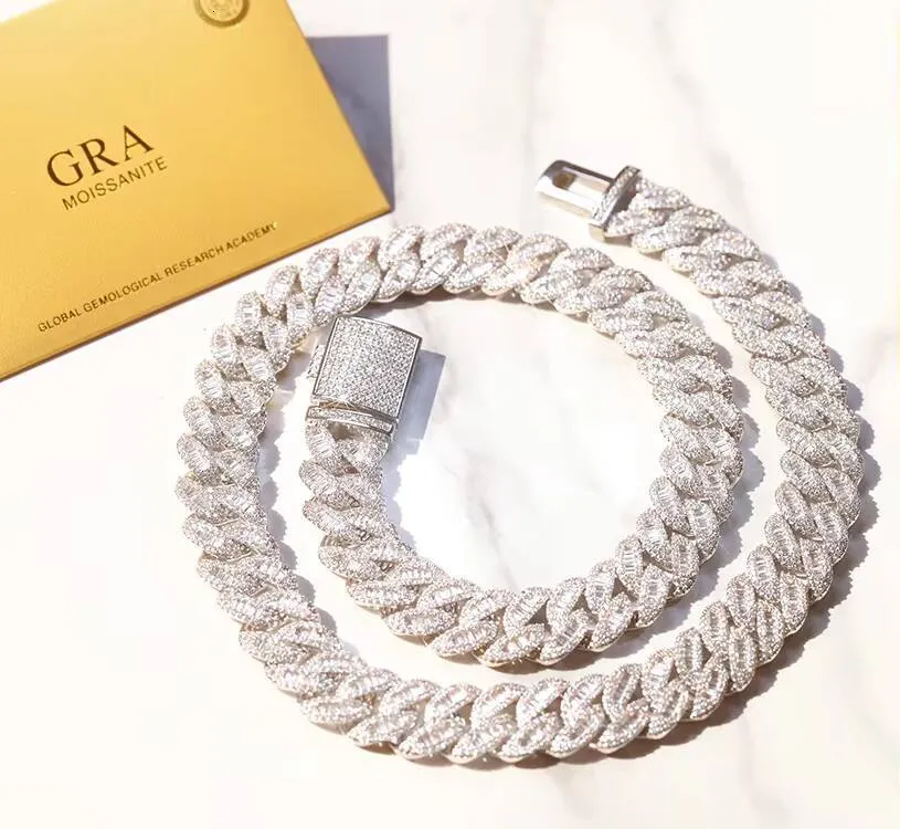 XINGGUANG Gems Customized 15mm Cuban Link Chain 925 Sterling Silver With Baguette Moissanite Bling Diamond Hip Hop