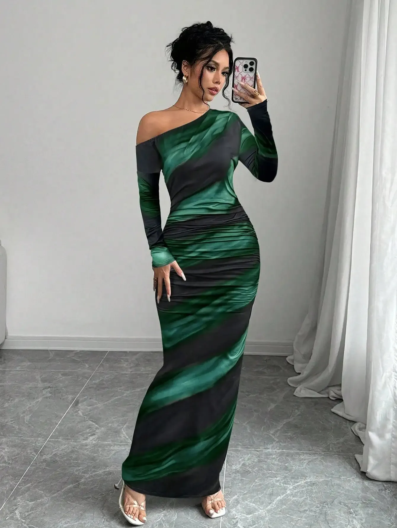 Women's Tie-Dye Ruffle Bodycon Maxi Maxi dress with Sleeves with Asymmetric Neckline and Long Sleeves - 250801 Women's Tie-Dye Ruffle Bodycon Maxi Maxi dress with Sleeves with Asymmetric Neckline and Long Sleeves - 250801