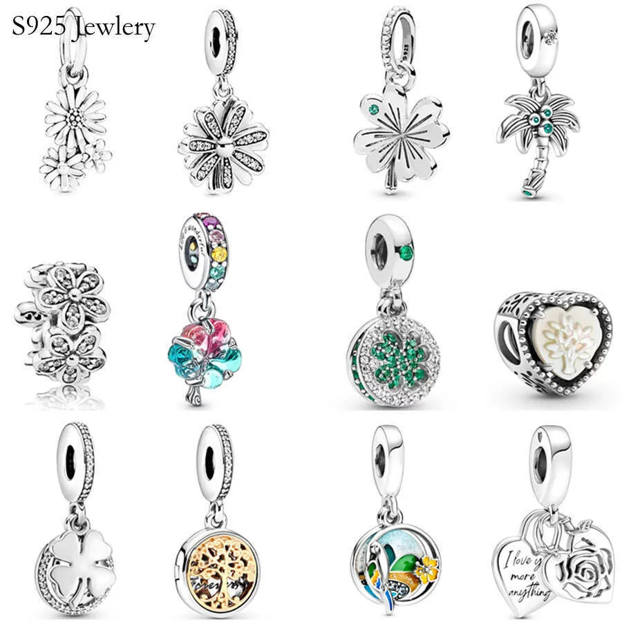 S925 Silver Daisy Flower Lucky Four -Leaf Clover Suspension Charm Pendant Suitable For Bracelet DIY Fashion Jewelry_voghion.com