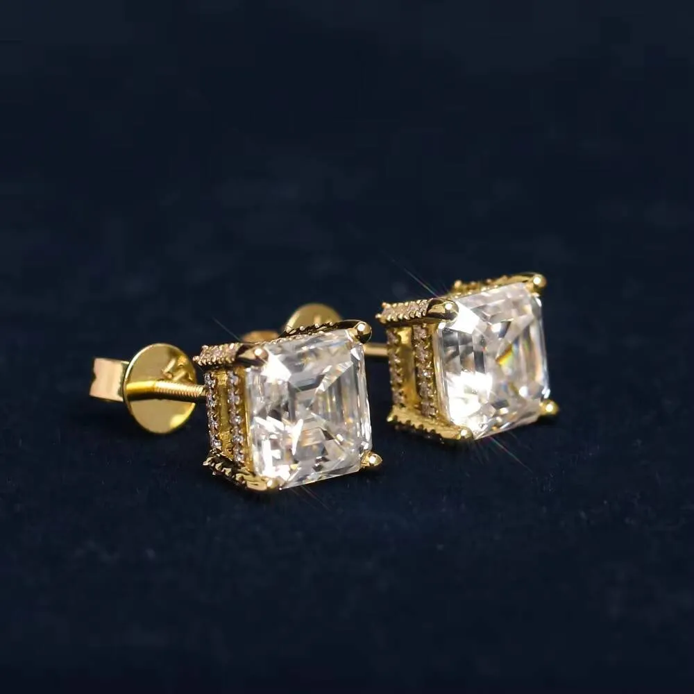Boucles d'oreilles de haute qualité en or véritable 14 carats, clous d'oreilles en moissanite taille émeraude carrée, qualité D, pureté VVS_voghion.com