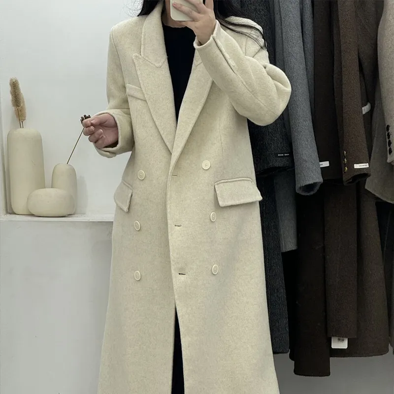 Ladies Wool Coat Fur Collar: Double Breasted Herringbone Wool