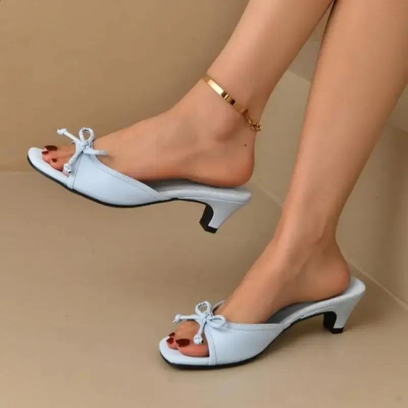 Elegant Bowknot Decoration Slides Classic Open Square Toe Slippers Summer Comfortable Low Heels Slip On Shoes 250806_voghion.com