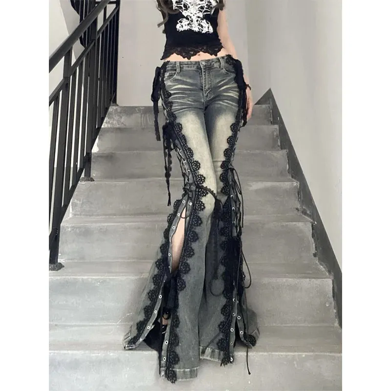 MEXZT Y2K Flare Jeans With Lace Trim And High Slits – From