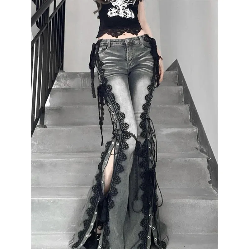 MEXZT Y2K Flare Jeans With Lace Trim And High Slits – From